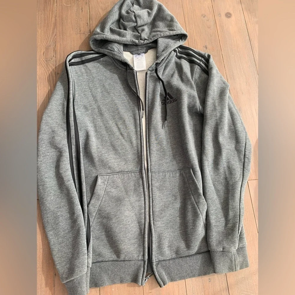 Adidas Men grey cotton blend hoodie zip up jacket